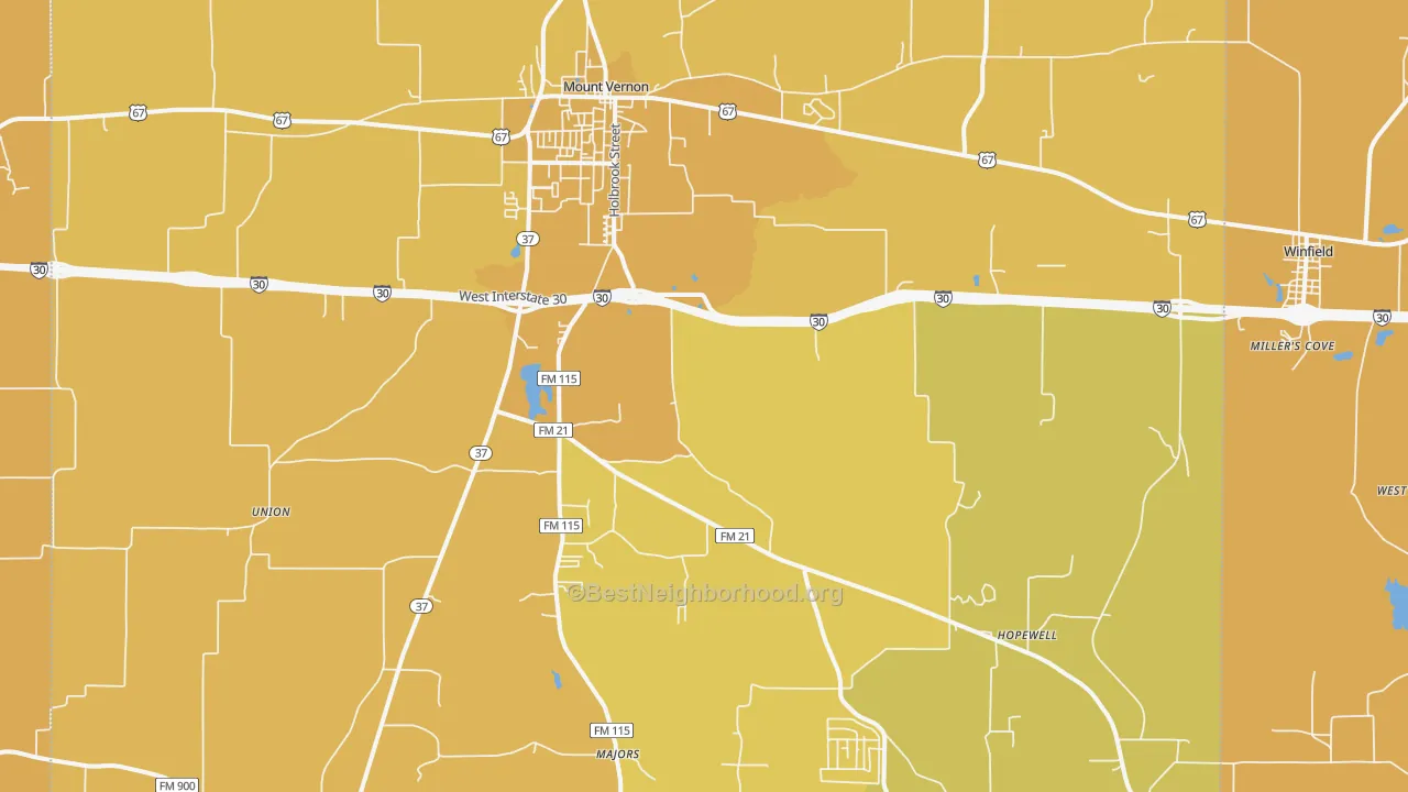 Map of the best neighborhoods in the Mount Vernon area, with better matches in green and worse matches in red