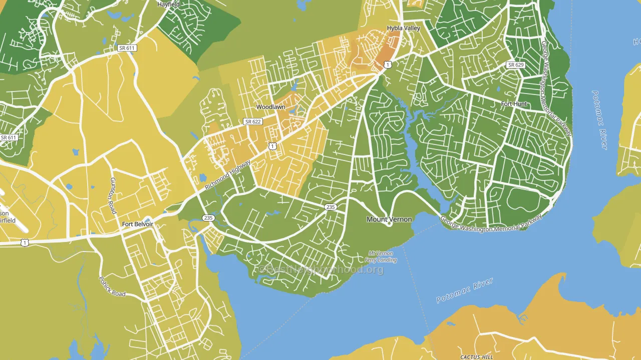 Map of the best neighborhoods in the Mount Vernon area, with better matches in green and worse matches in red