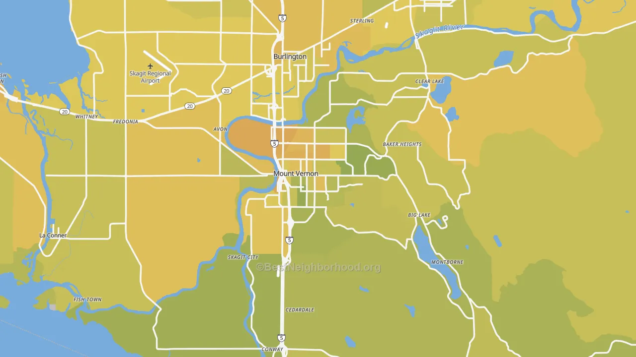 Map of the best neighborhoods in the Mount Vernon Metro area, with better matches in green and worse matches in red