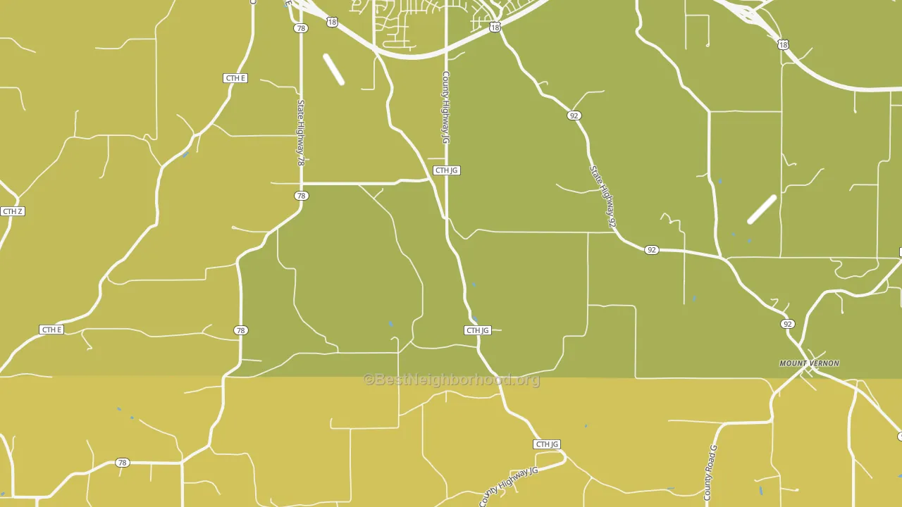 Map of the best neighborhoods in the Mount Vernon area, with better matches in green and worse matches in red