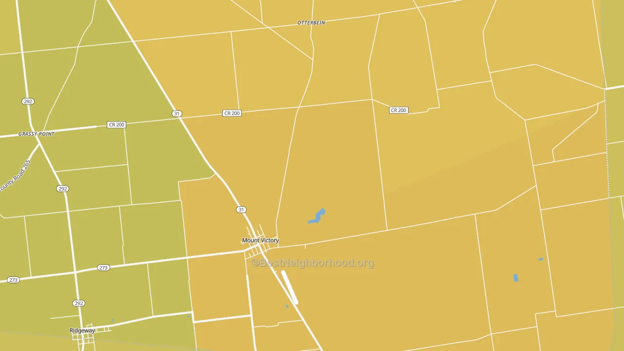 Map of the best neighborhoods in the Mount Victory area, with better matches in green and worse matches in red