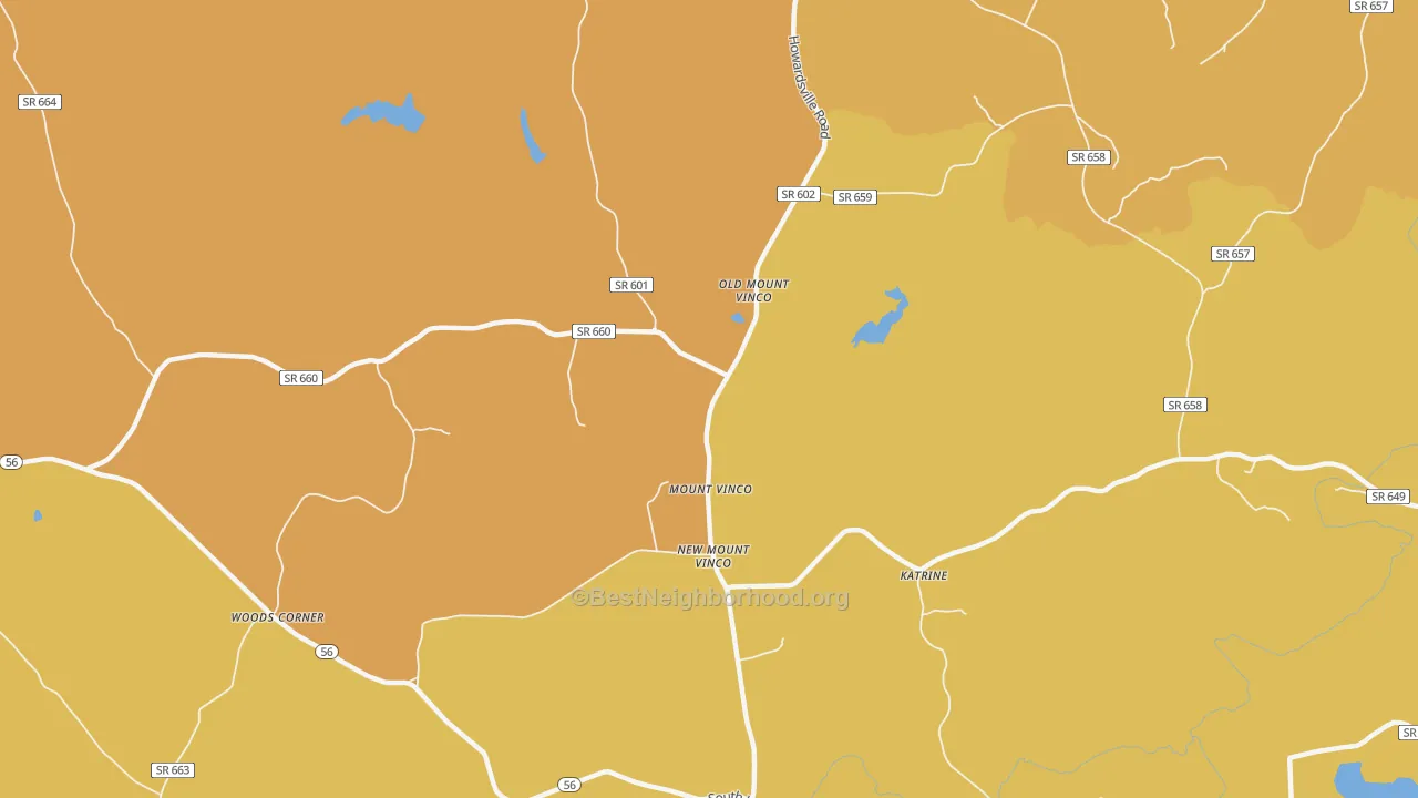 Map of the best neighborhoods in the Mount Vinco area, with better matches in green and worse matches in red