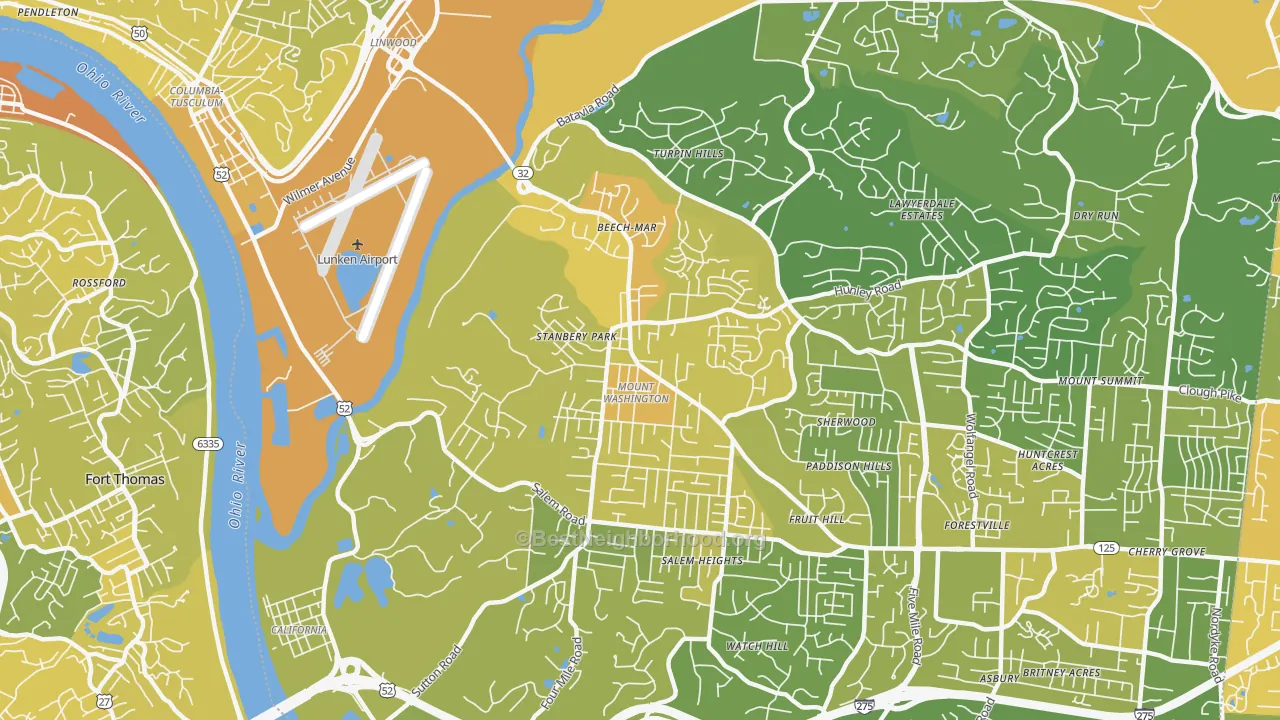 Map of the best neighborhoods in the Mount Washington, Cincinnati area, with better matches in green and worse matches in red