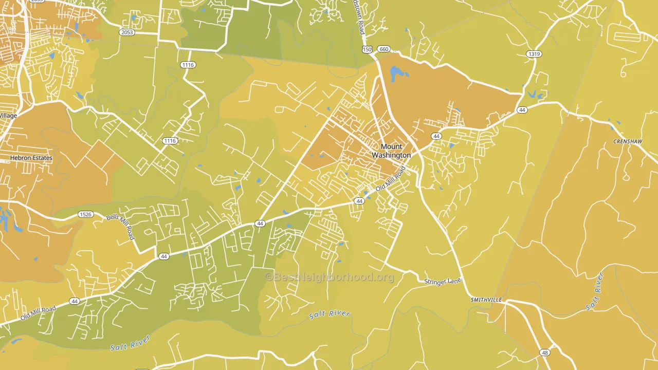 Map of the best neighborhoods in the Mount Washington area, with better matches in green and worse matches in red