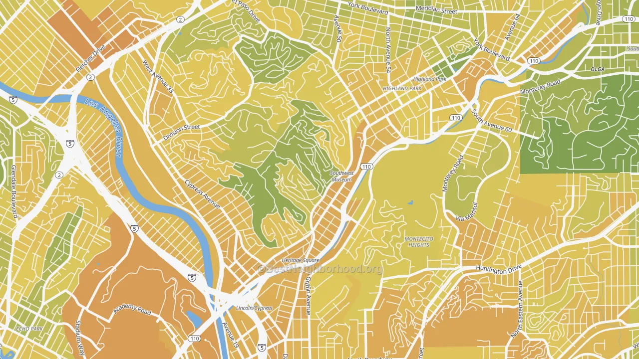 Map of the best neighborhoods in the Mount Washington, Los Angeles area, with better matches in green and worse matches in red