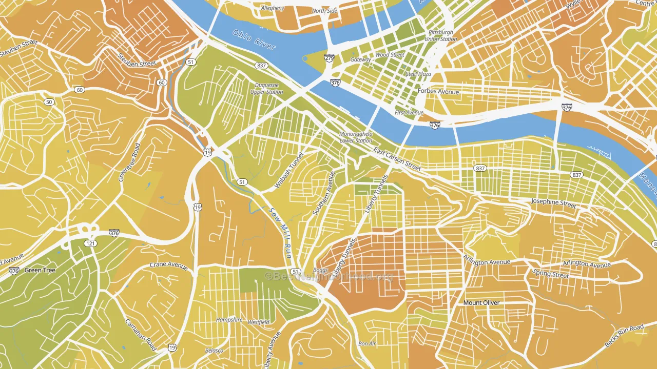 Map of the best neighborhoods in the Mount Washington, Pittsburgh area, with better matches in green and worse matches in red