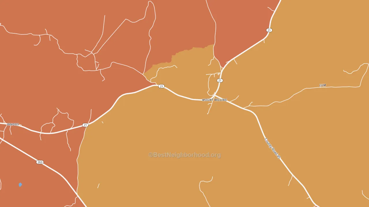 Map of the best neighborhoods in the Mount Willing area, with better matches in green and worse matches in red