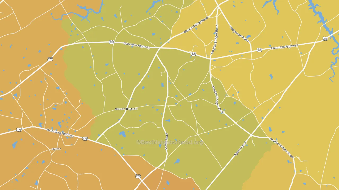 Map of the best neighborhoods in the Mount Willing area, with better matches in green and worse matches in red