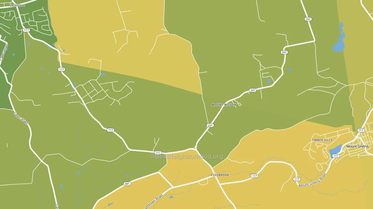 Map of the best neighborhoods in the Mount Wilson area, with better matches in green and worse matches in red