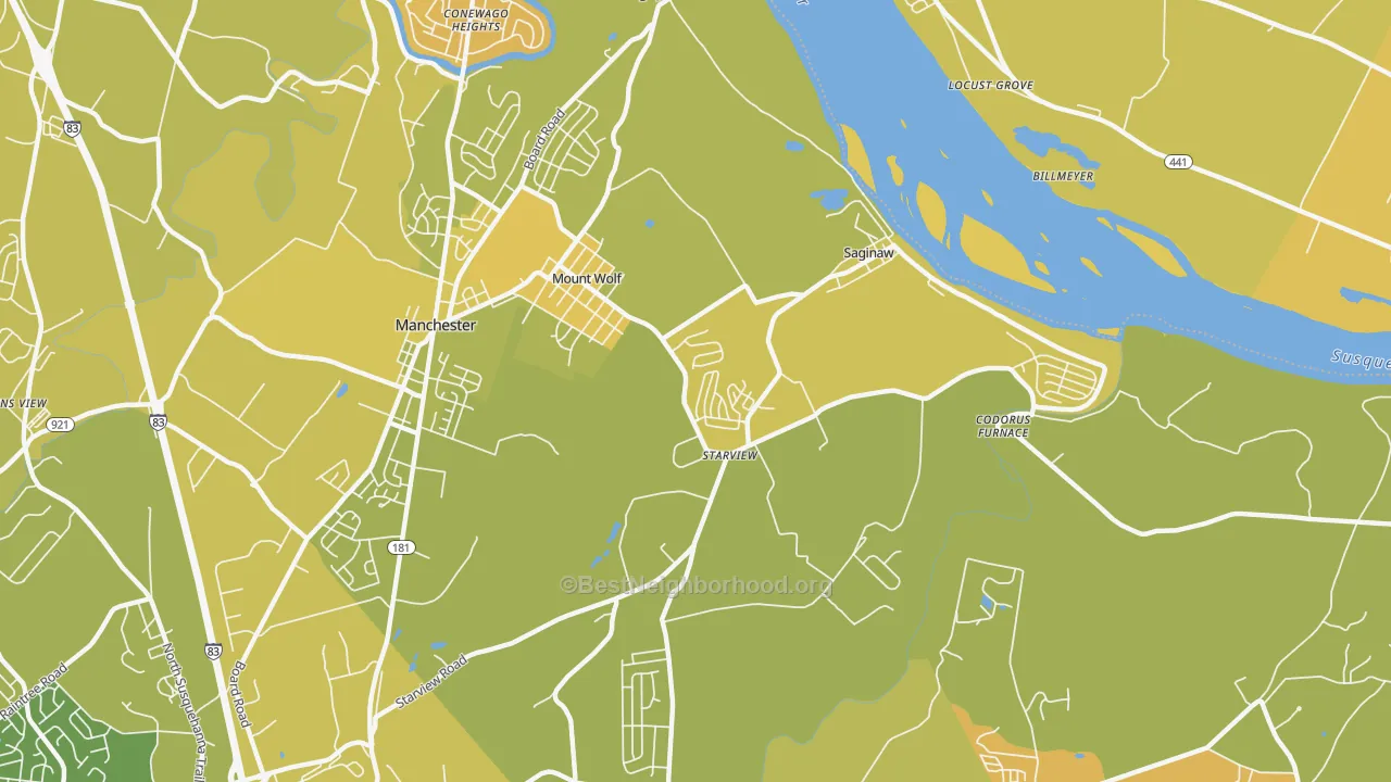 Map of the best neighborhoods in the Mount Wolf area, with better matches in green and worse matches in red