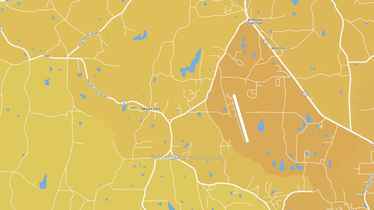 Map of the best neighborhoods in the Mount Zion area, with better matches in green and worse matches in red