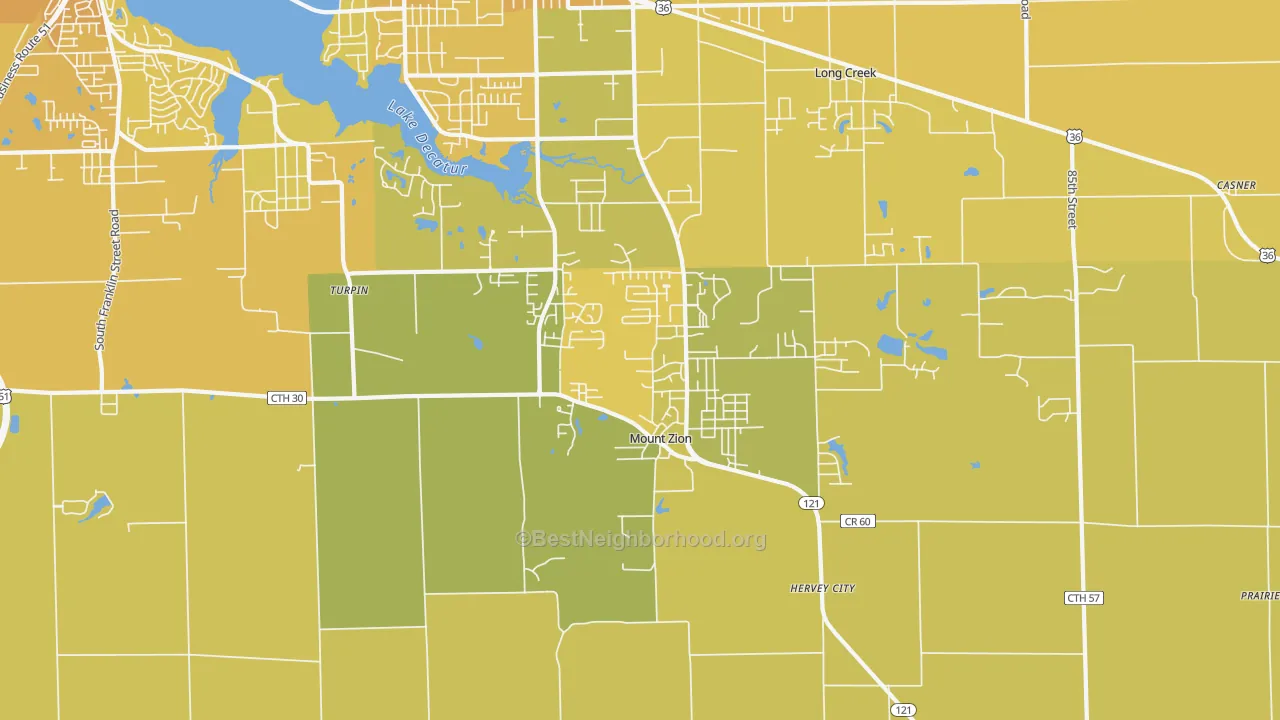Map of the best neighborhoods in the Mount Zion area, with better matches in green and worse matches in red