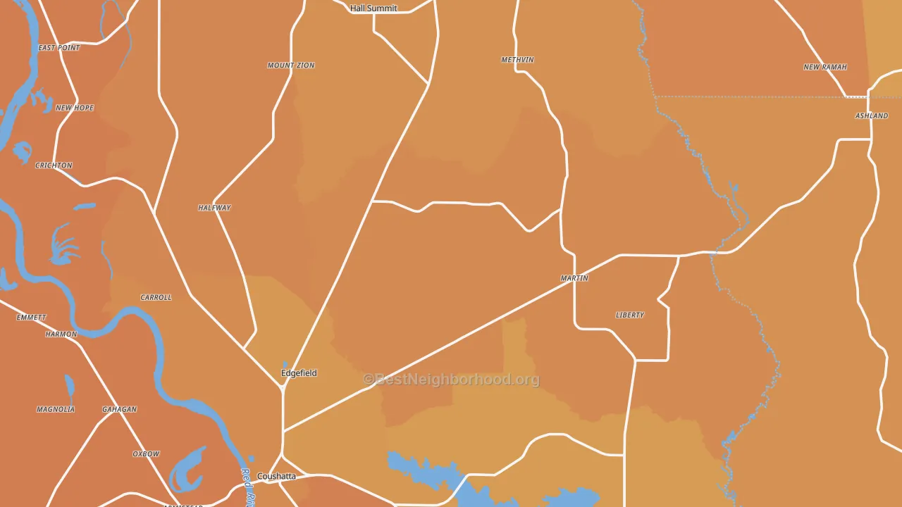 Map of the best neighborhoods in the Mount Zion area, with better matches in green and worse matches in red