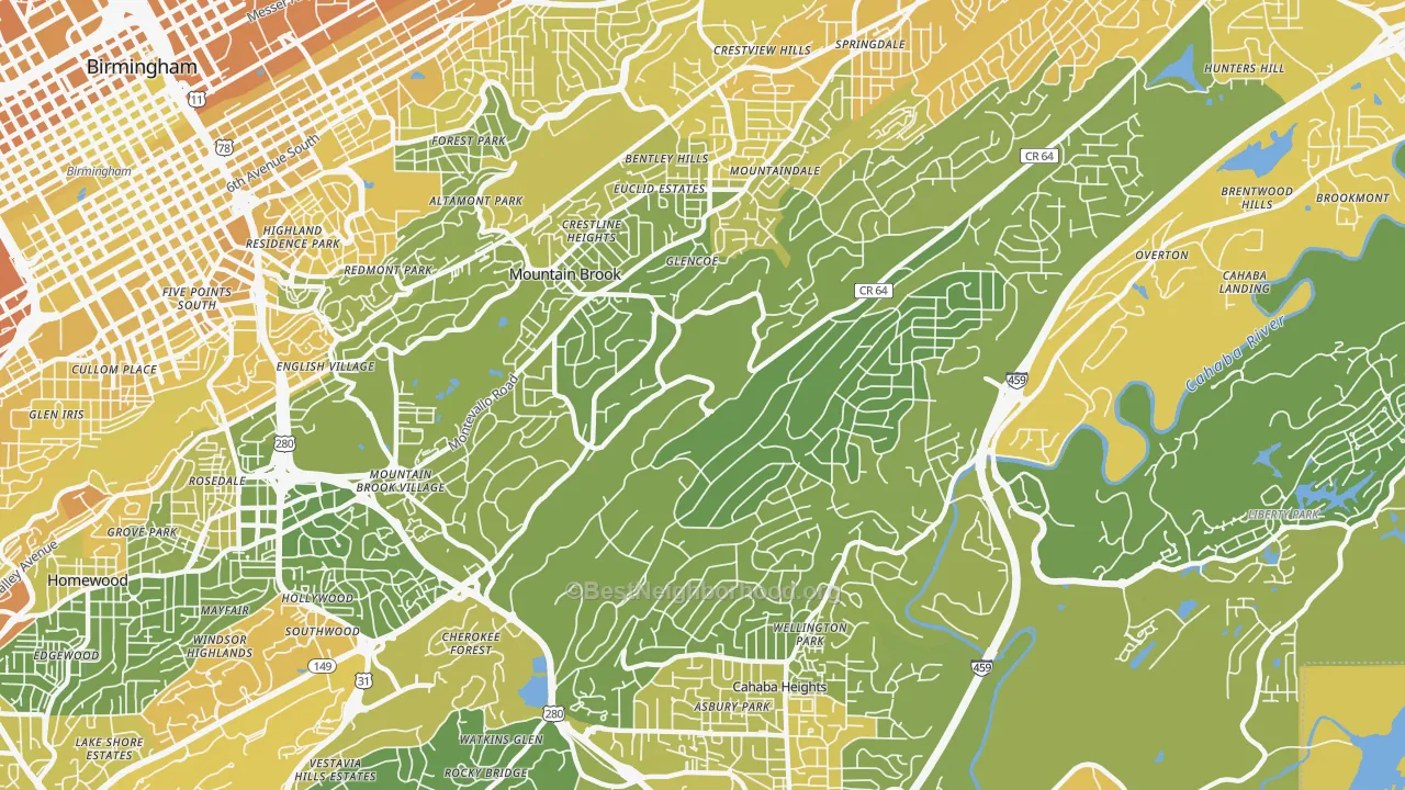 Map of the best neighborhoods in the Mountain Brook area, with better matches in green and worse matches in red