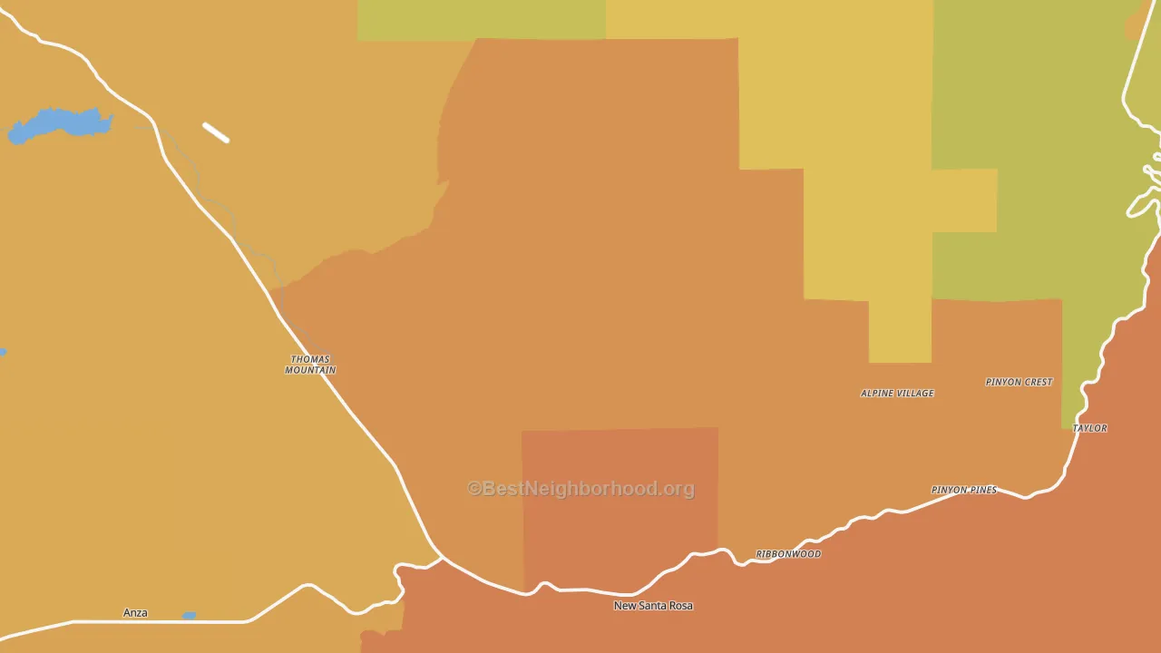 Map of the best neighborhoods in the Mountain Center area, with better matches in green and worse matches in red