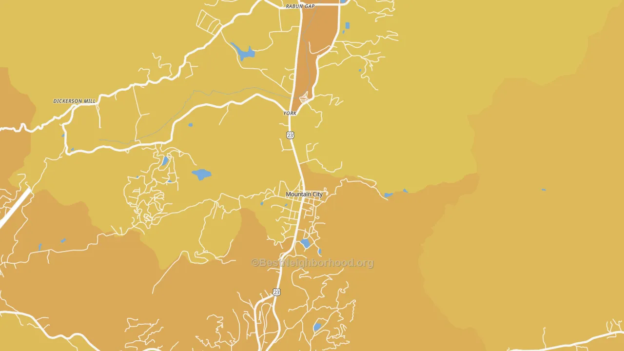 Map of the best neighborhoods in the Mountain City area, with better matches in green and worse matches in red