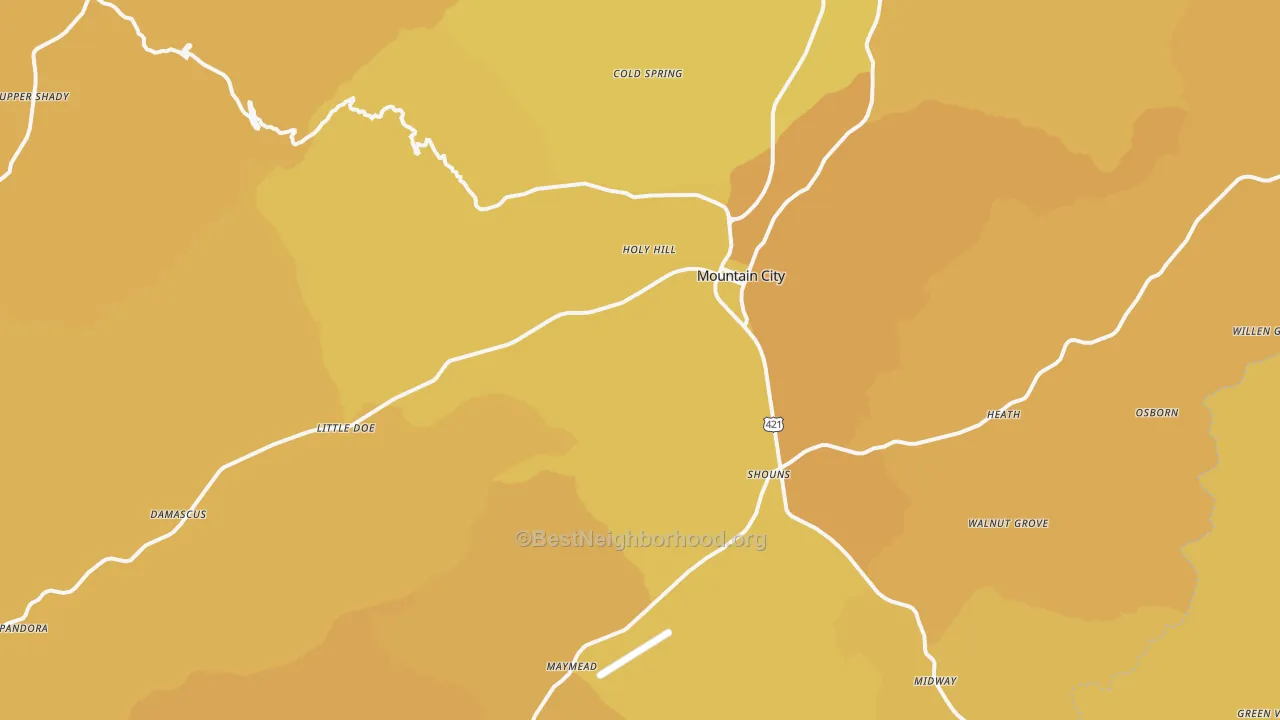 Map of the best neighborhoods in the Mountain City area, with better matches in green and worse matches in red