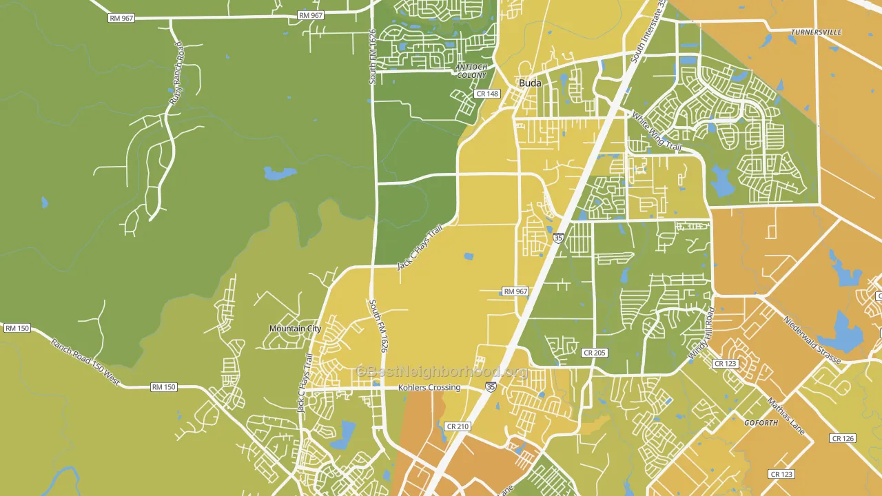 Map of the best neighborhoods in the Mountain City area, with better matches in green and worse matches in red