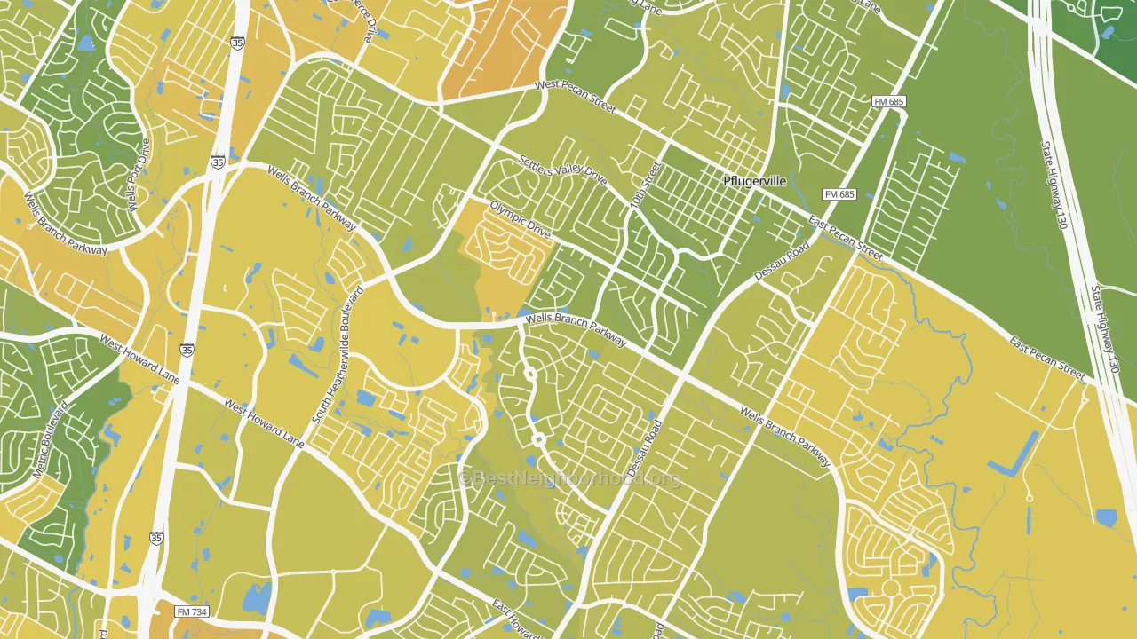 Map of the best neighborhoods in the Mountain Creek, Pflugerville area, with better matches in green and worse matches in red