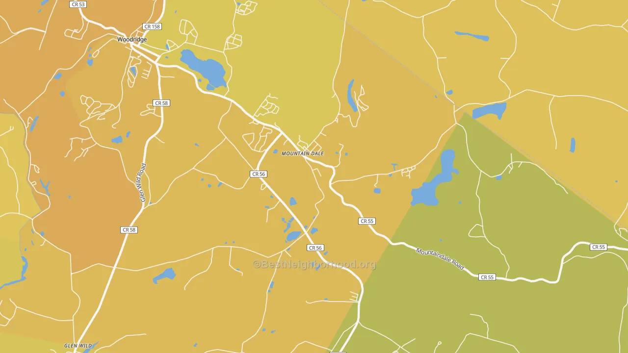 Map of the best neighborhoods in the Mountain Dale area, with better matches in green and worse matches in red