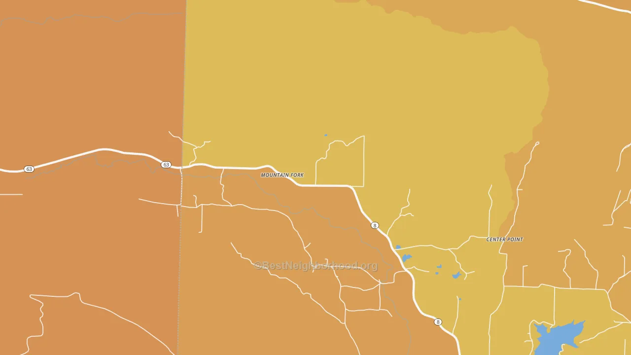 Map of the best neighborhoods in the Mountain Fork area, with better matches in green and worse matches in red