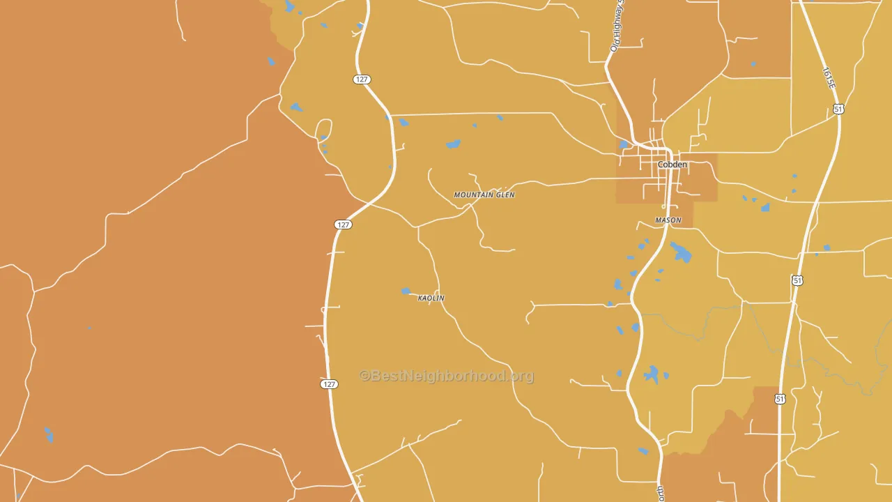 Map of the best neighborhoods in the Mountain Glen area, with better matches in green and worse matches in red