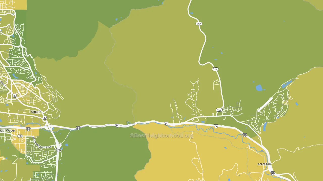 Map of the best neighborhoods in the Mountain Green area, with better matches in green and worse matches in red