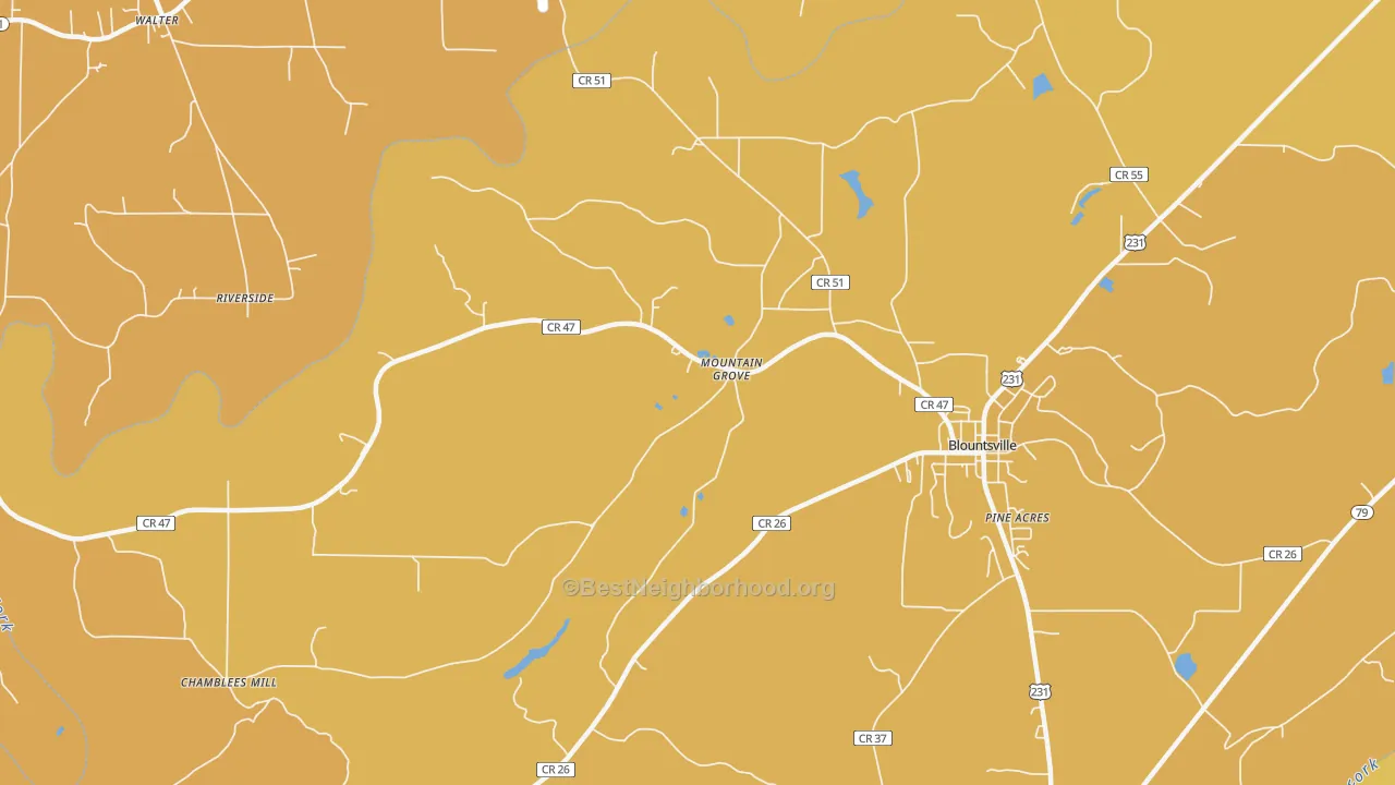 Map of the best neighborhoods in the Mountain Grove area, with better matches in green and worse matches in red