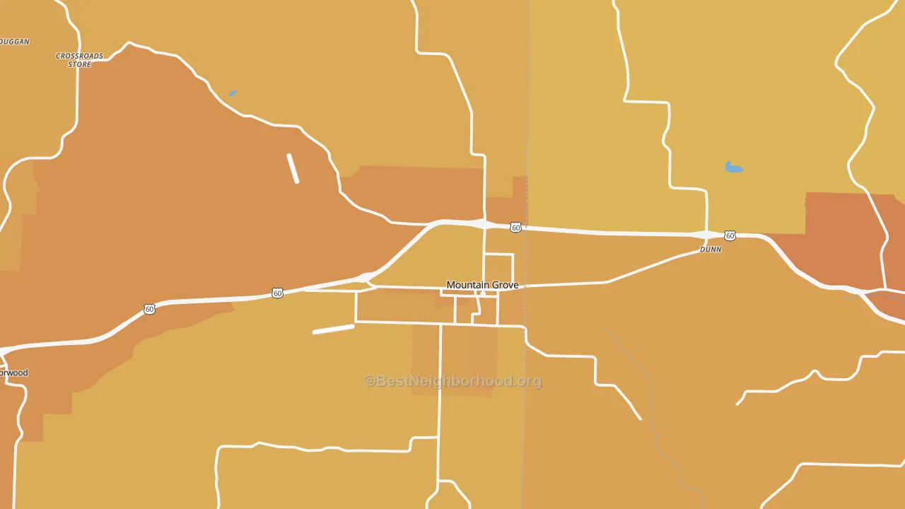 Map of the best neighborhoods in the Mountain Grove area, with better matches in green and worse matches in red