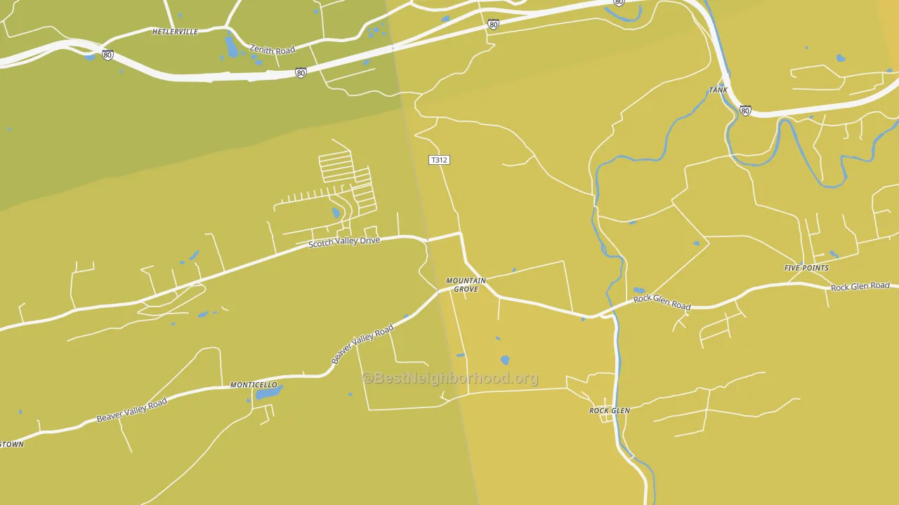 Map of the best neighborhoods in the Mountain Grove area, with better matches in green and worse matches in red