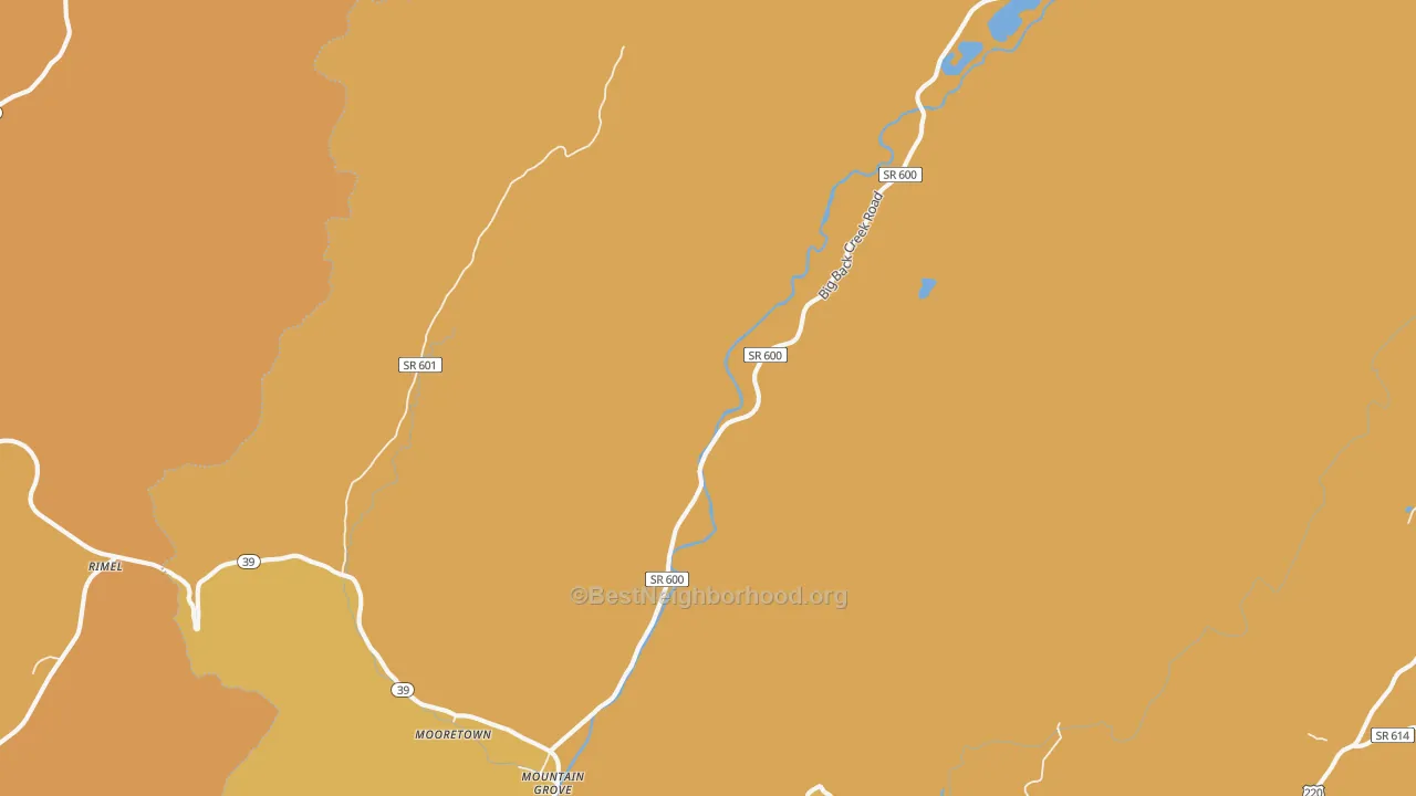 Map of the best neighborhoods in the Mountain Grove area, with better matches in green and worse matches in red