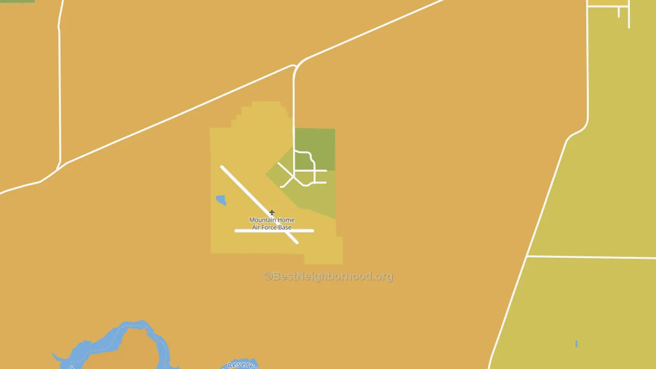 Map of the best neighborhoods in the Mountain Home AFB area, with better matches in green and worse matches in red