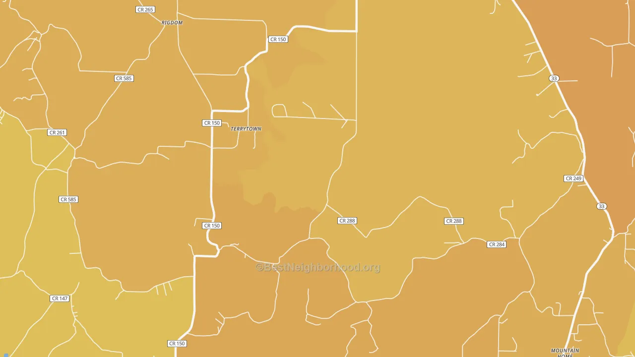 Map of the best neighborhoods in the Mountain Home area, with better matches in green and worse matches in red