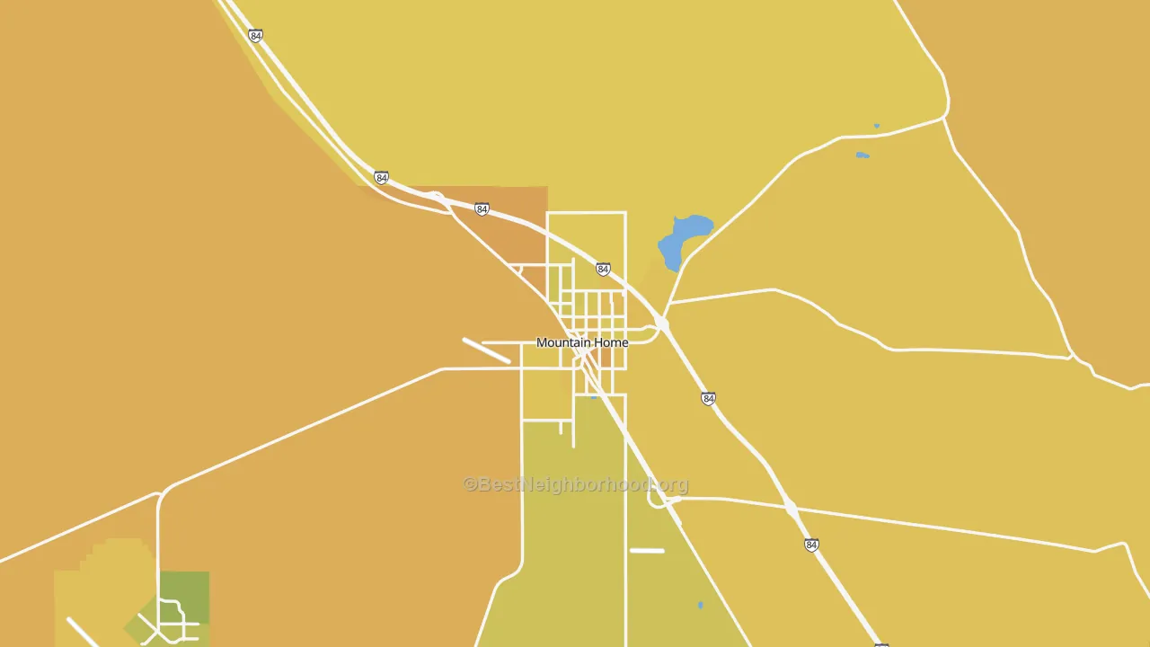 Map of the best neighborhoods in the Mountain Home area, with better matches in green and worse matches in red