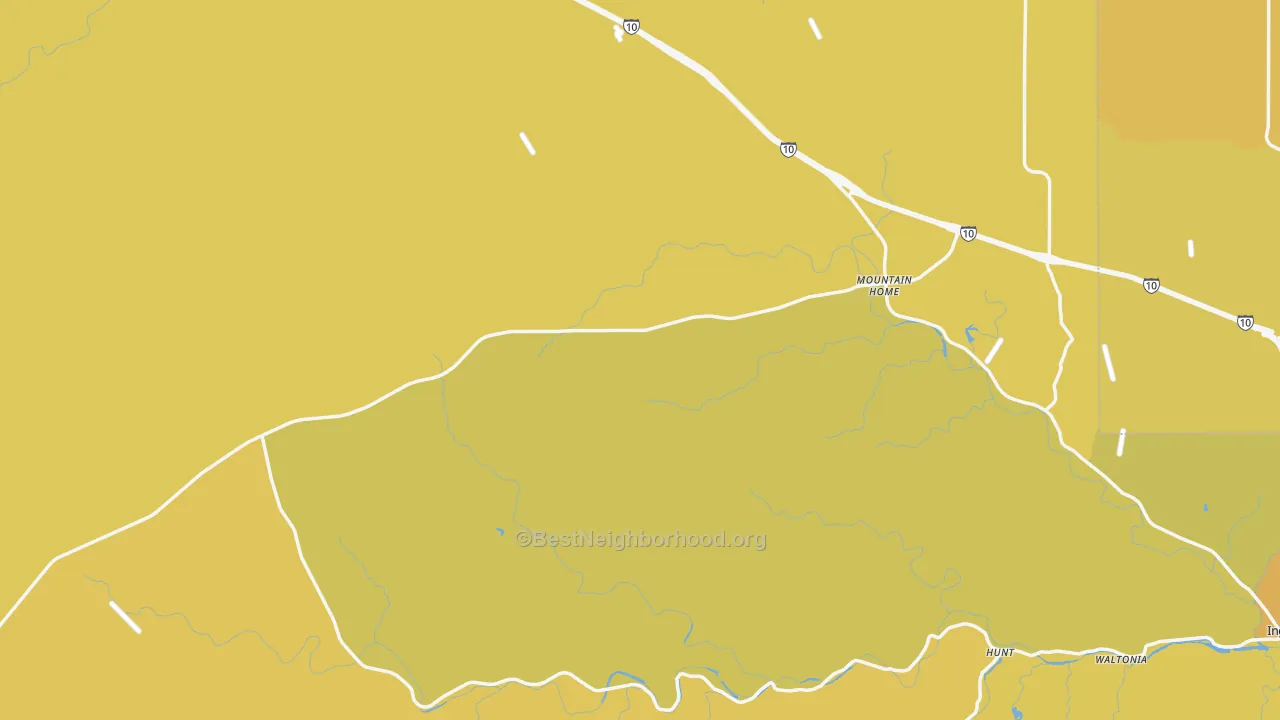 Map of the best neighborhoods in the Mountain Home area, with better matches in green and worse matches in red