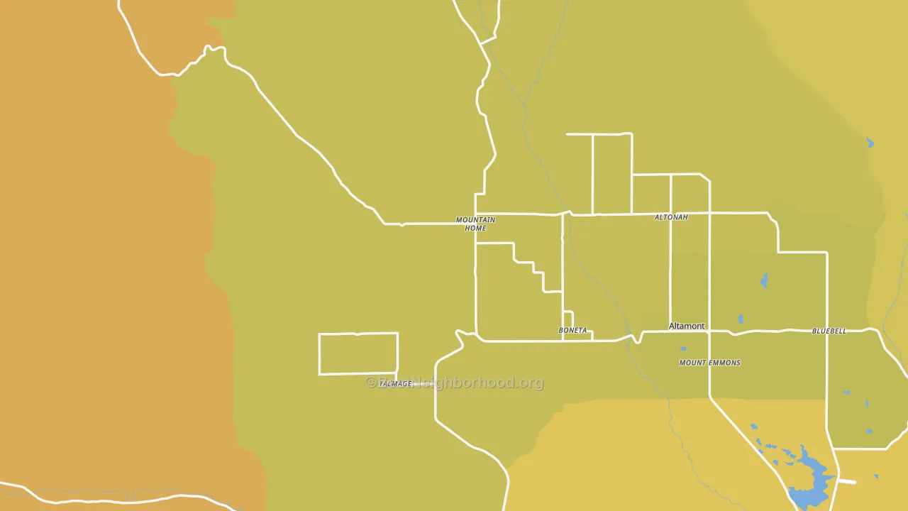 Map of the best neighborhoods in the Mountain Home area, with better matches in green and worse matches in red