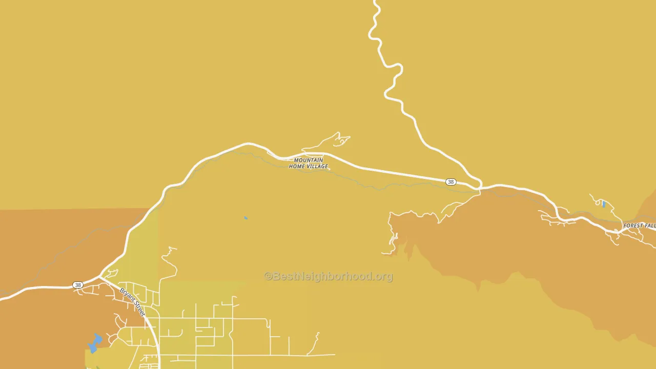 Map of the best neighborhoods in the Mountain Home Village area, with better matches in green and worse matches in red