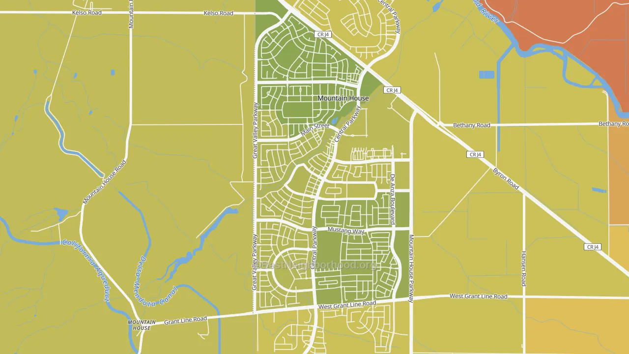 Map of the best neighborhoods in the Mountain House area, with better matches in green and worse matches in red