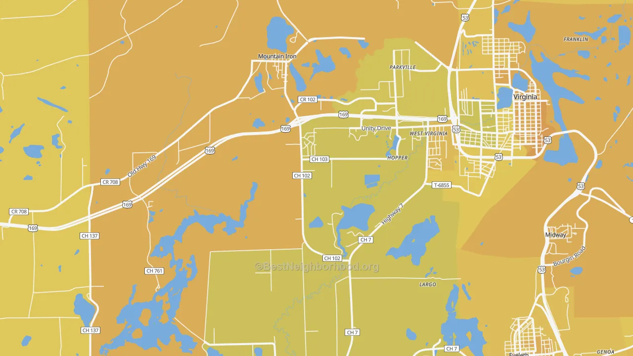 Map of the best neighborhoods in the Mountain Iron area, with better matches in green and worse matches in red