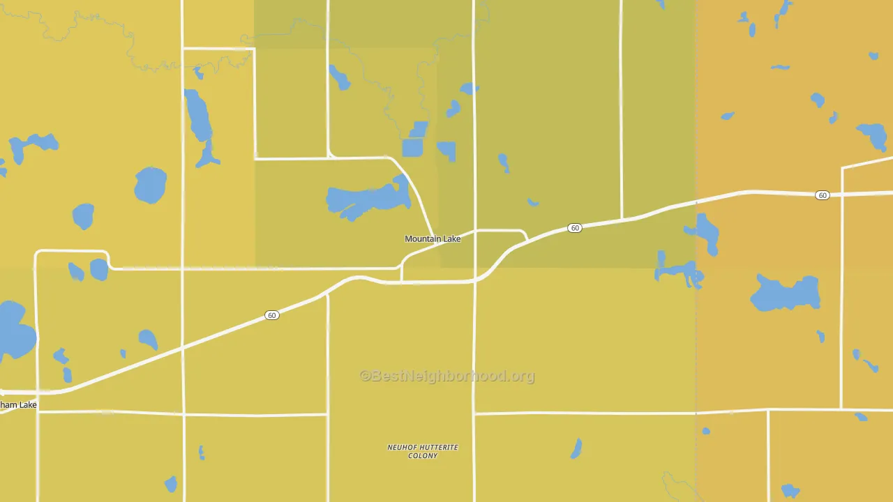 Map of the best neighborhoods in the Mountain Lake area, with better matches in green and worse matches in red