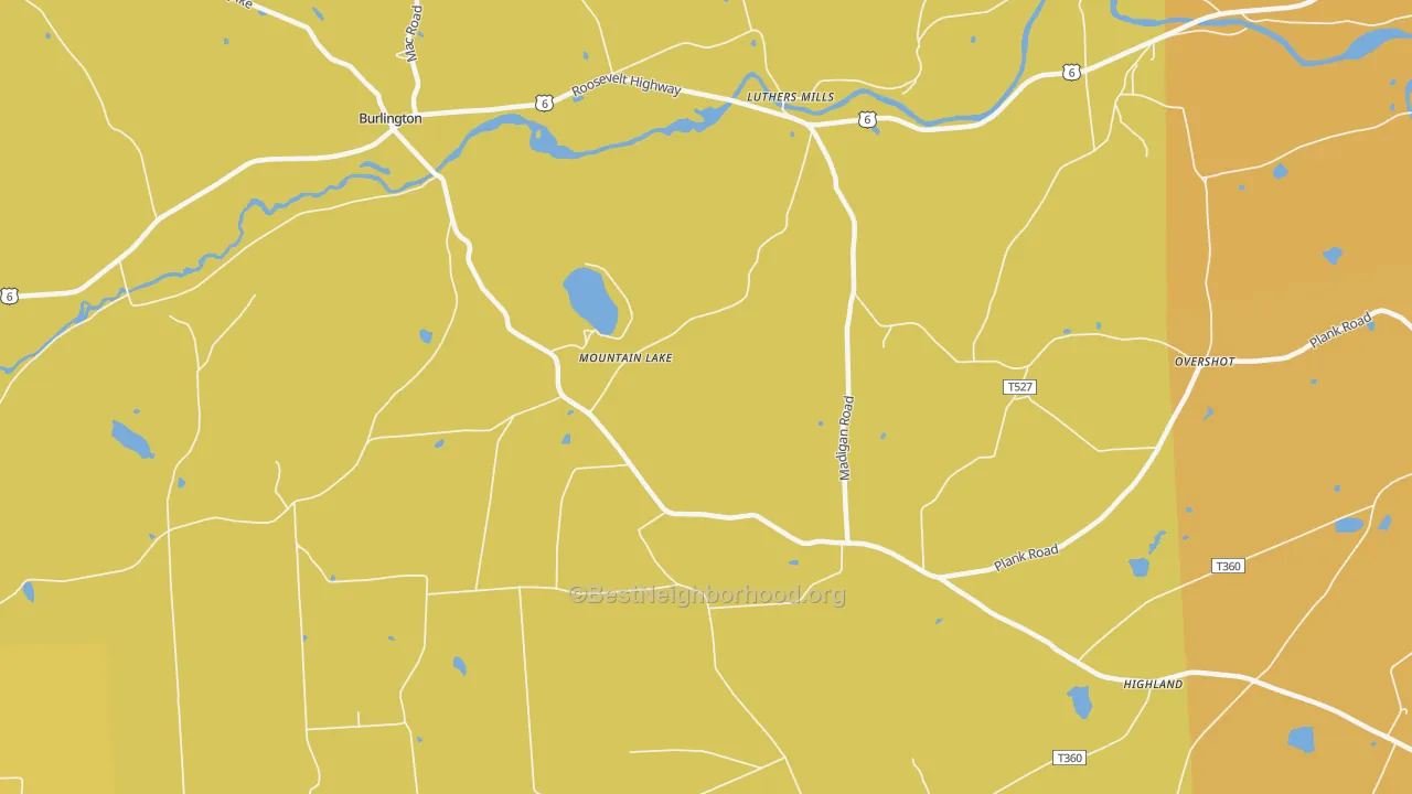 Map of the best neighborhoods in the Mountain Lake area, with better matches in green and worse matches in red