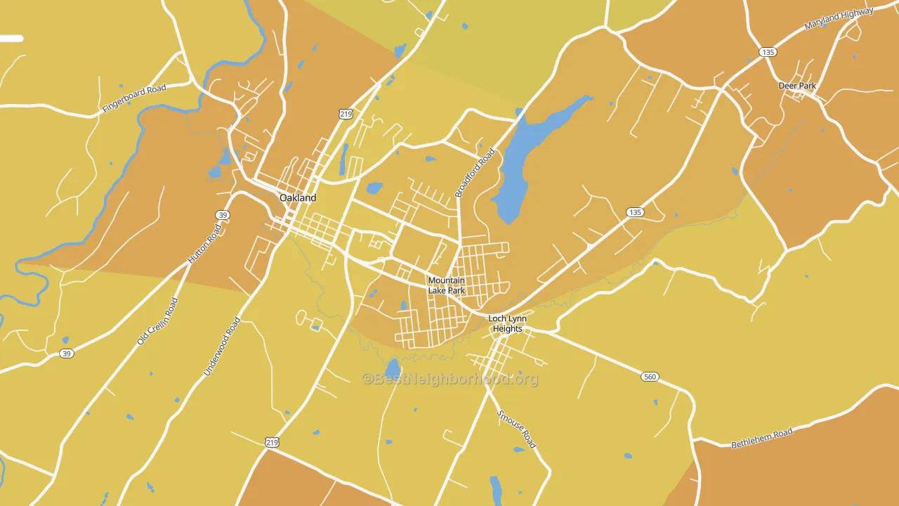Map of the best neighborhoods in the Mountain Lake Park area, with better matches in green and worse matches in red