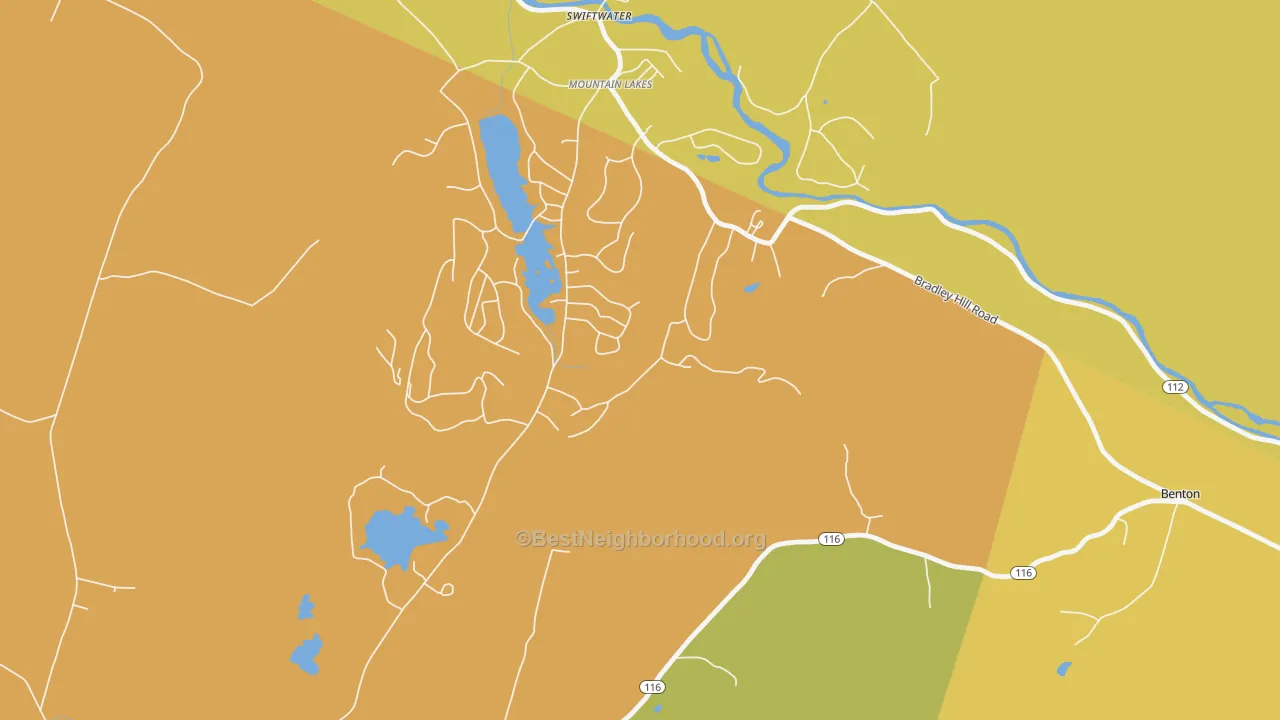 Map of the best neighborhoods in the Mountain Lakes area, with better matches in green and worse matches in red