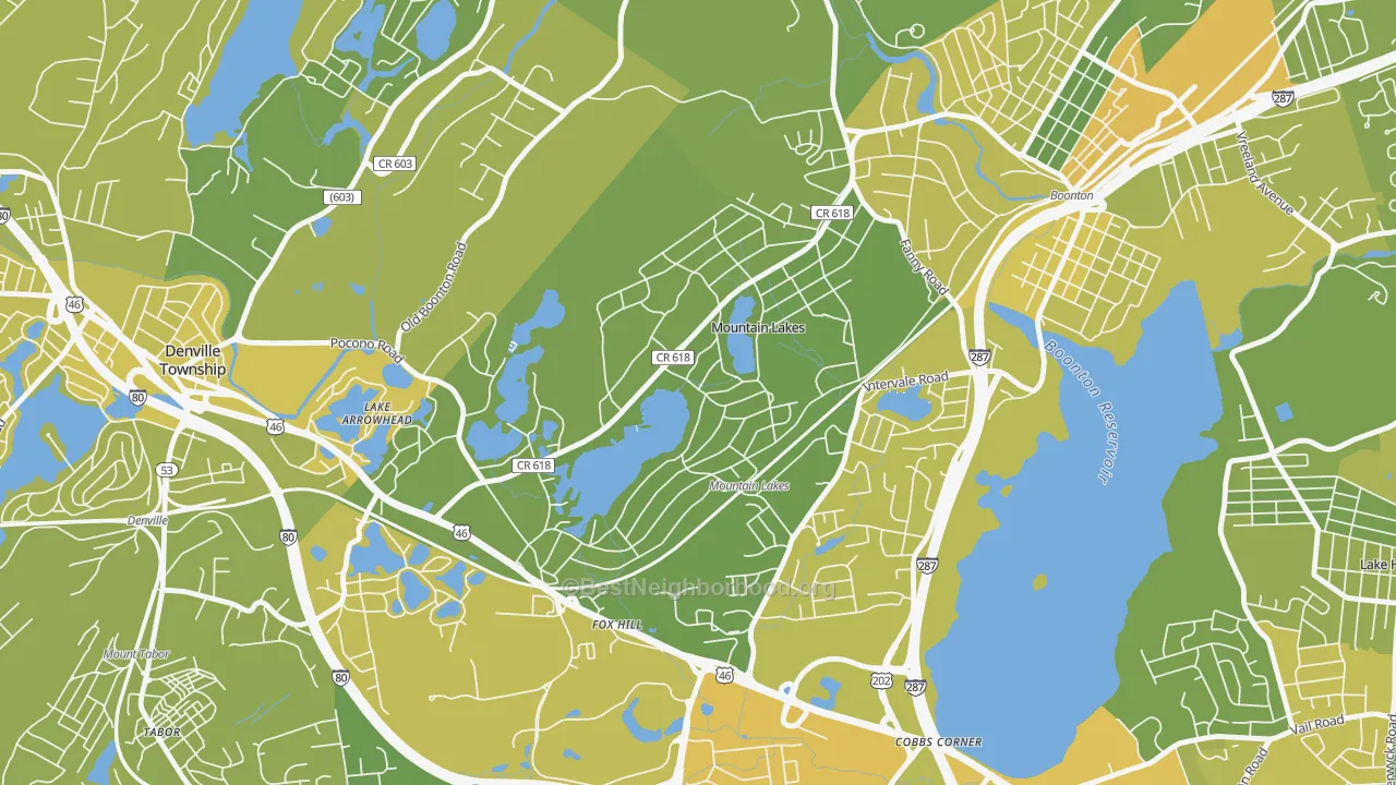 Map of the best neighborhoods in the Mountain Lakes area, with better matches in green and worse matches in red