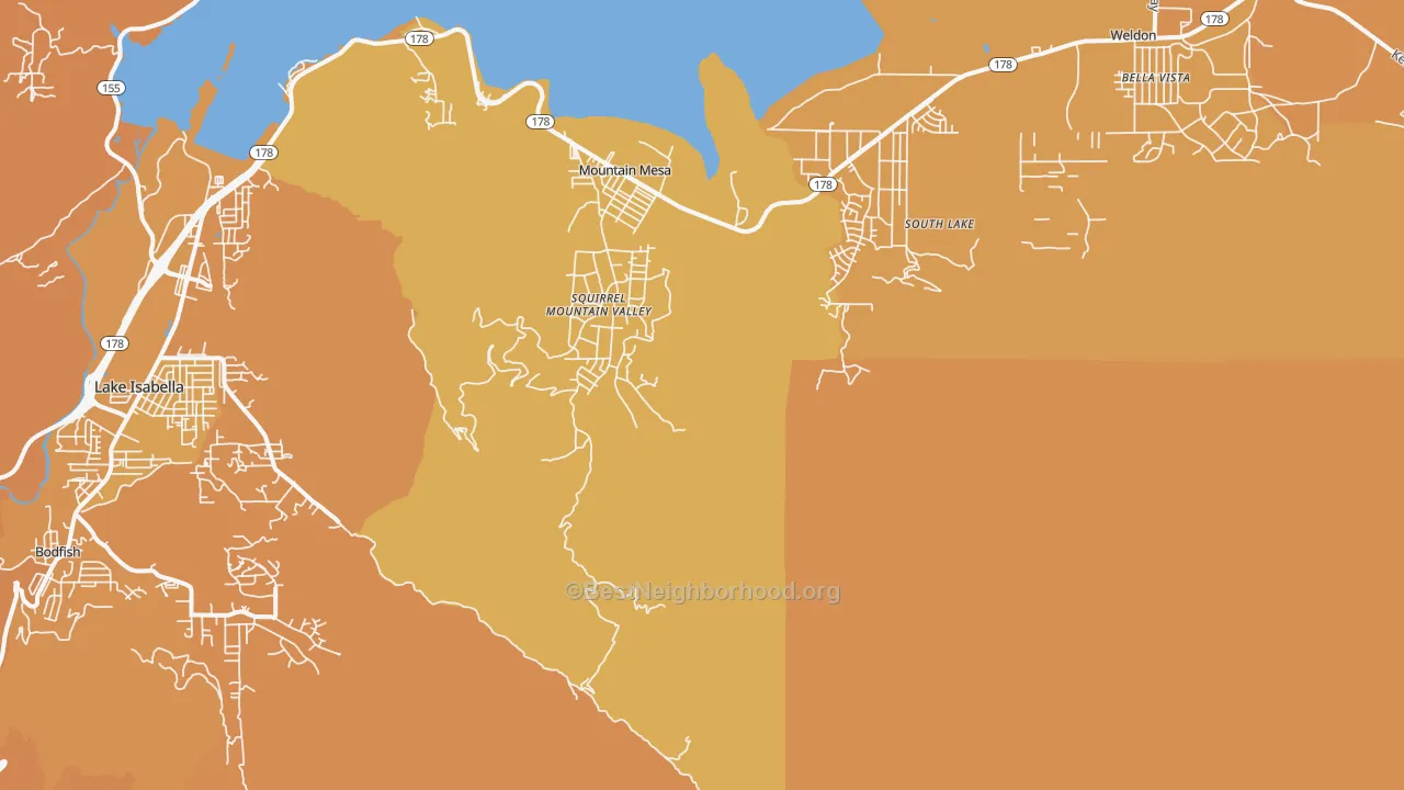 Map of the best neighborhoods in the Mountain Mesa area, with better matches in green and worse matches in red