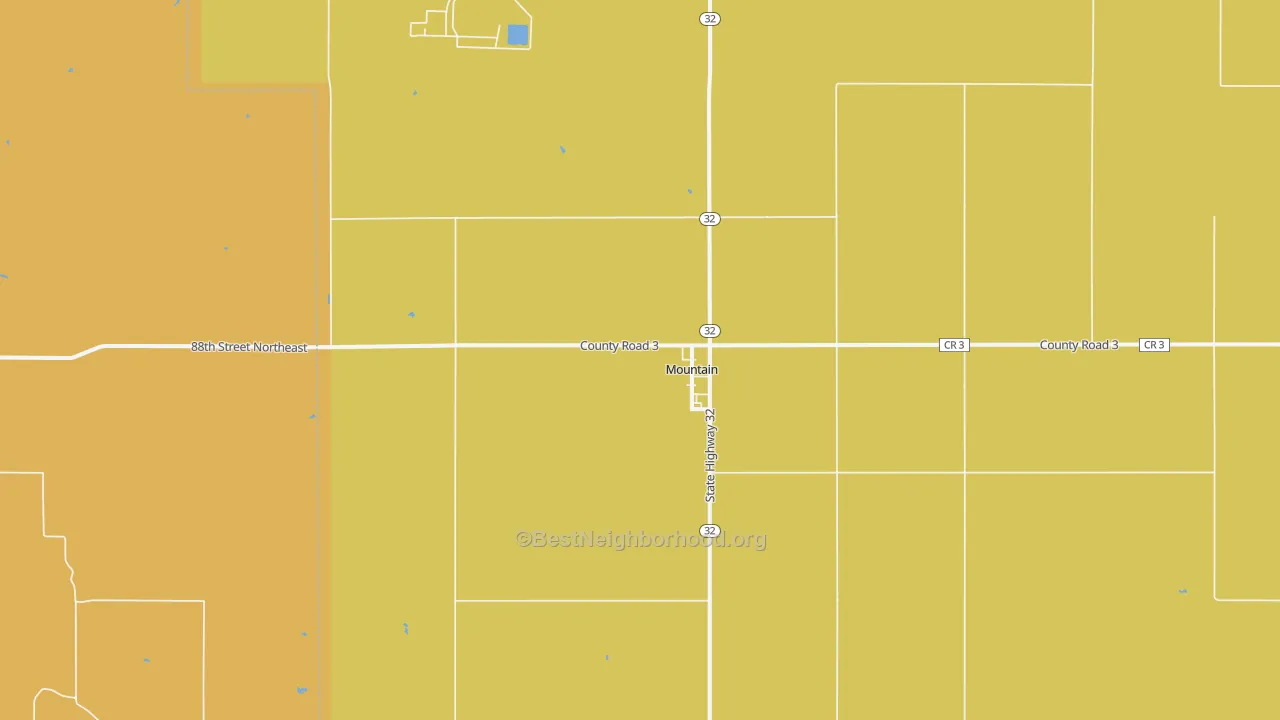 Map of the best neighborhoods in the Mountain area, with better matches in green and worse matches in red