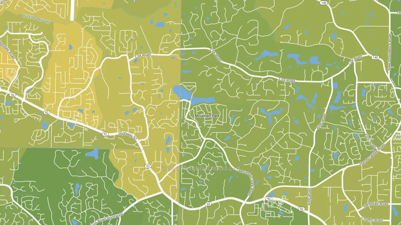 Map of the best neighborhoods in the Mountain Park area, with better matches in green and worse matches in red