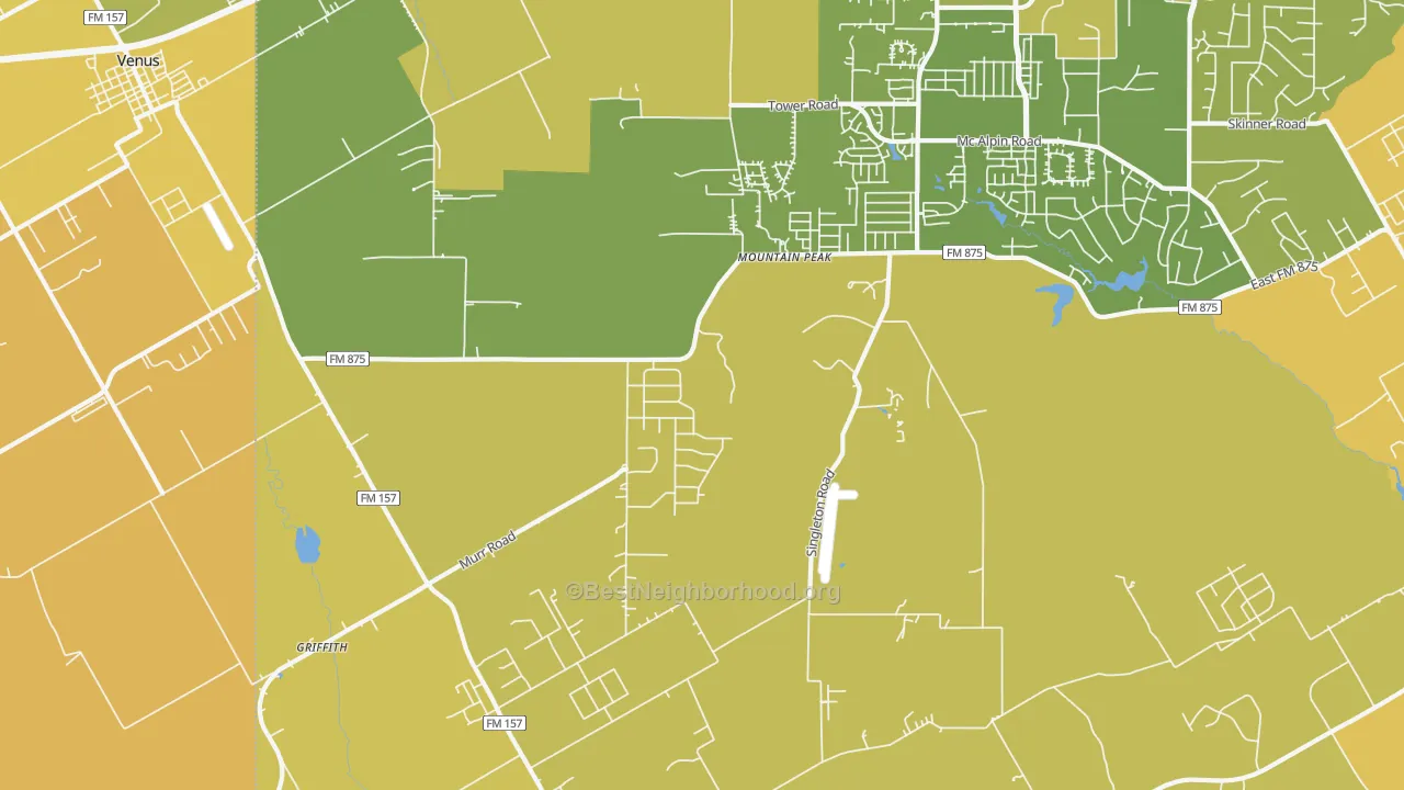 Map of the best neighborhoods in the Mountain Peak area, with better matches in green and worse matches in red