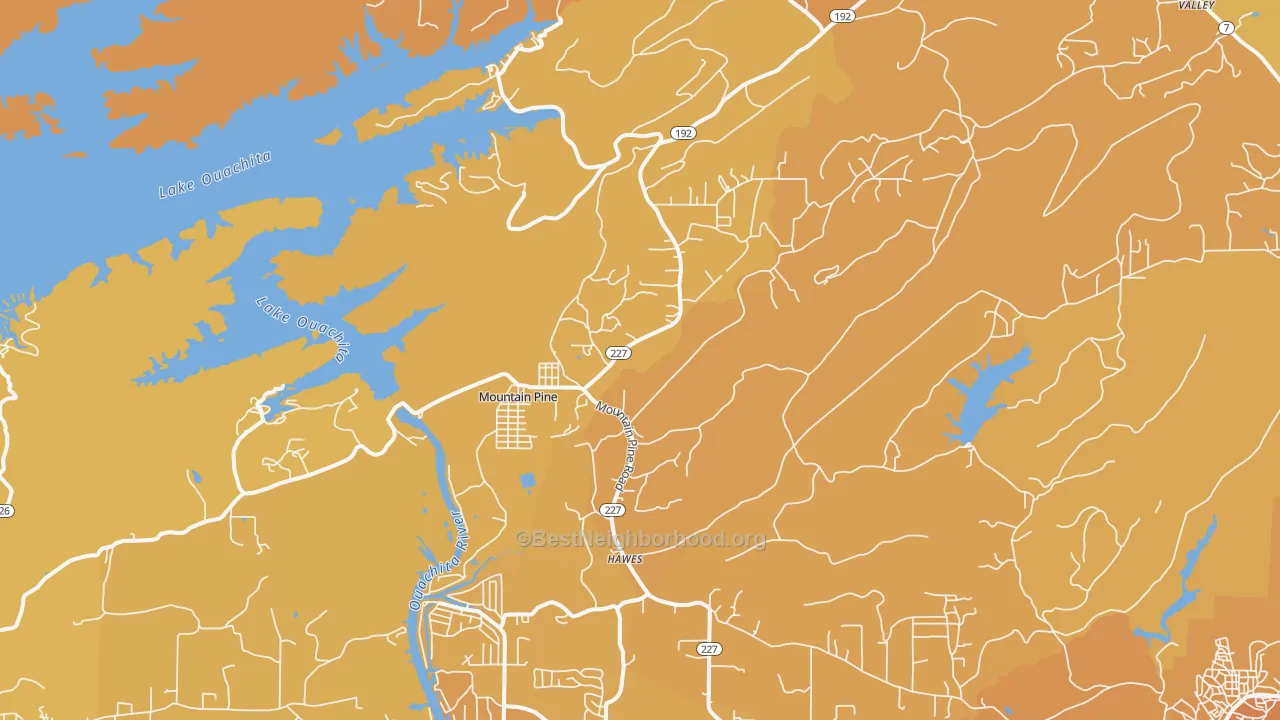Map of the best neighborhoods in the Mountain Pine area, with better matches in green and worse matches in red