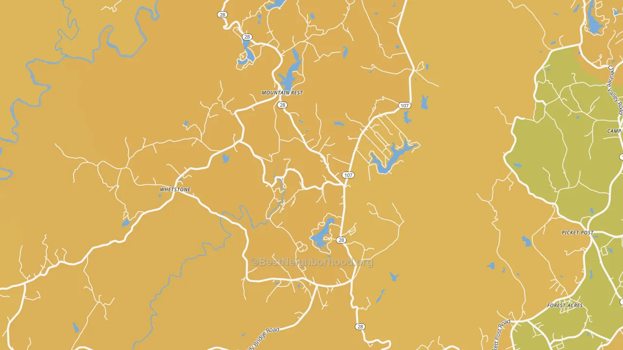 Map of the best neighborhoods in the Mountain Rest area, with better matches in green and worse matches in red